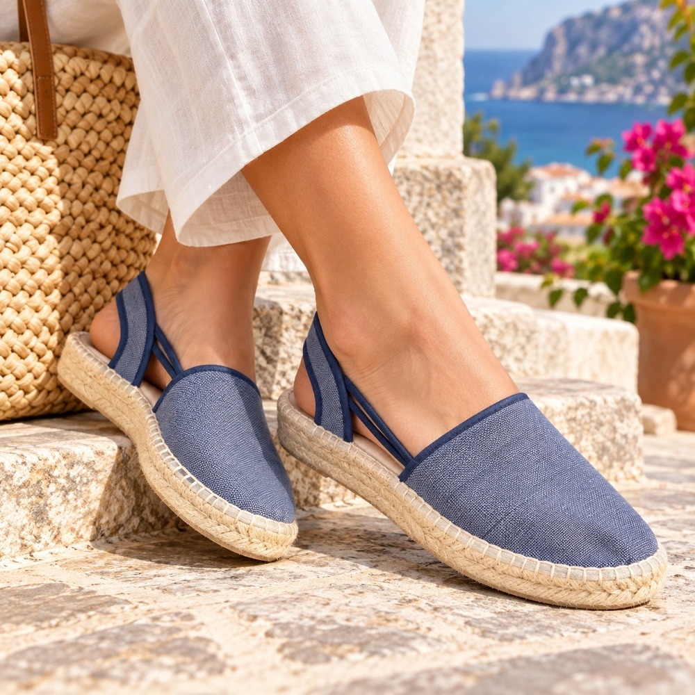 Sesto Meucci Blue Espadrille Slingback Flats Size 8 Jute Sole Made in Spain Shoe